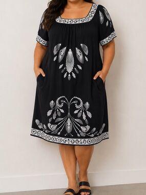 London Style Black Swim Cover-Up with White Motifs